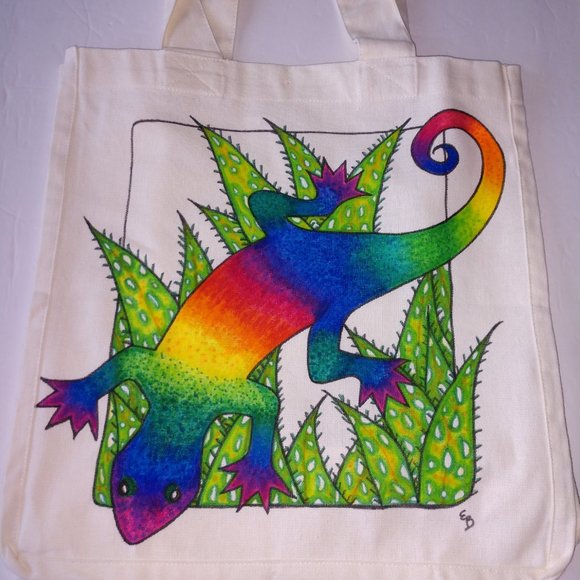 Hand-Painted Rainbow Gecko Tote Bag: Reusable Canvas Shopping Bag 14x13x7 - Picture 10 of 16